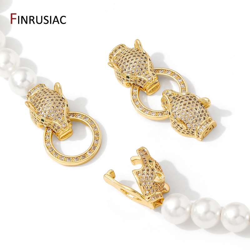 Jewelry Making Beads - 18K ゴールドメッキ真鍮象嵌ジルコンヒョウヘッドパールクラスプファスナー、ジュエリー用ロック、DIY ブレスレットネックレス作成用品