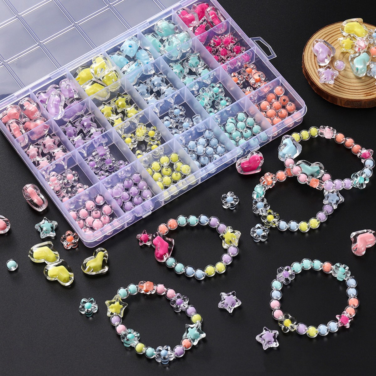 Jewelry Making For Birthday Party - 174個/箱 ハート型アクリルビーズ 花型 ラウンドスペーサー ルースビーズキット ブレスレット
