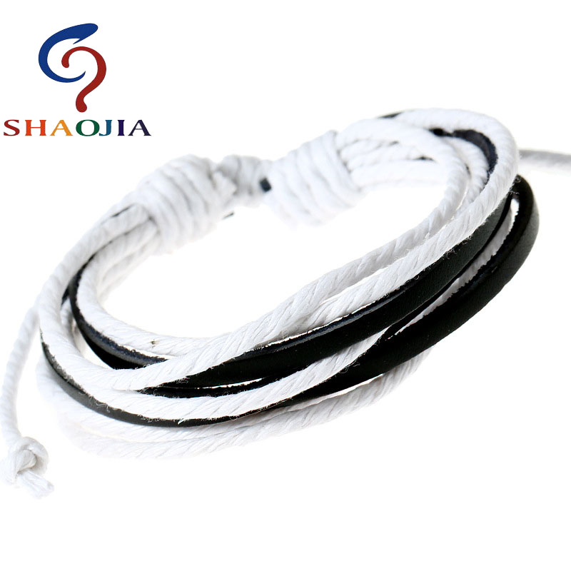 Jewelry Making Singapore - Shaojia新しいファッションホワイト歪んロープ編組ブレスレットマニュアルメイキング黒革用男性ボヘミアブレスレット男性ジュエリー