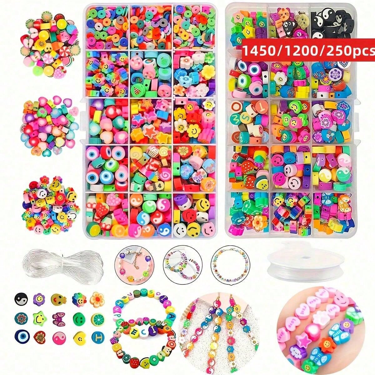 Jewelry Making Organizer - 1450/1200/250個入りポリマークレイビーズセット、ボックス、ゴム紐束、DIYジュエリー製作、イヤリング、ブレスレット、ネックレス