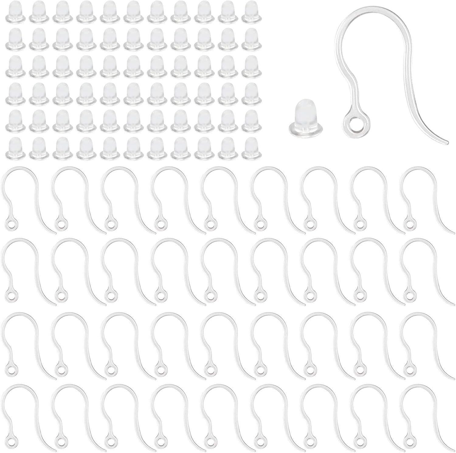 Jewelry Making Loops - 40個の透明なプラスチック製イヤリングフック、ループ付きイヤーワイヤー、透明なイヤリングストッパー付きフレンチフィッシュフック、DIYジュエリー製作用