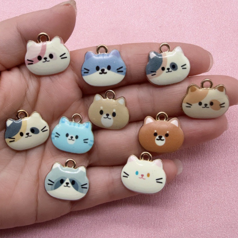 Jewelry Making Earrings - 12個入りプリント猫ヘッド合金ドリップオイルペンダント、DIYジュエリー製作イヤリング、キーホルダー、アクセサリー