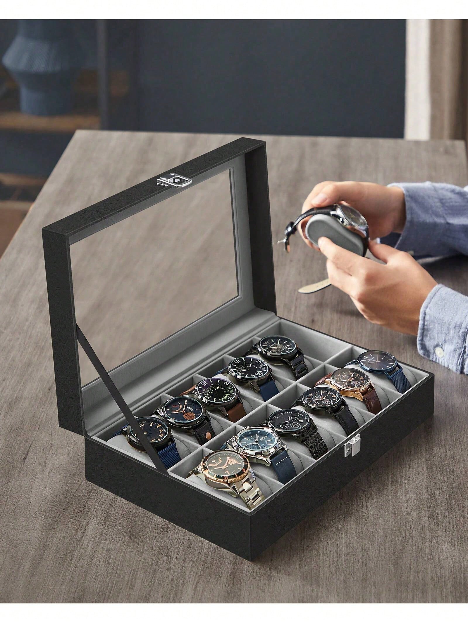 12スロットのロック可能な時計ボックス、ガラス蓋と引き出し付 - Jewelry Making Box のレビューと価格